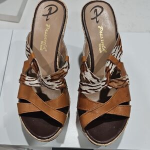 Patterned Brown and Tan Wedge Sandals